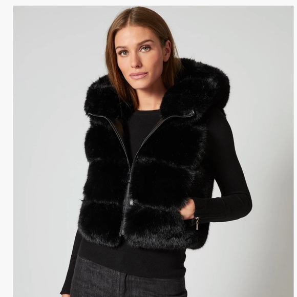 Adrienne Landau Black Fur Hooded Vest NWT - Picture 1 of 10